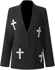 [Zadaos] Women Blazer Rhinestones Beads Single Breasted Long Sleeve Blazer Coat Ladies Suit Jacket