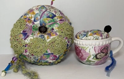 3Pc Sewing Pin Cushion In Tea Cup + Pillow Butterfly Handmade 24