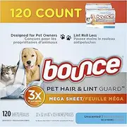 Bounce Pet Hair and Lint Guard Mega Dryer Sheets for Laundry, Fabric Softener with 3X Pet Hair Fighters, Unscented, Hypoallergenic, 120 Count