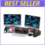Ergonomic Dual Monitor Stand Riser with Storage Drawer - Stylish Black Design