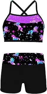 [HULIJA] Kids Girls Flounce Crop Tops With With Shorts Athletic Sportswear 2 Piece Gymnastics Dance Outfits