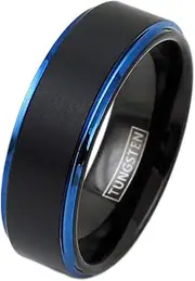 [King's Cross] Exquisite 6mm/8mm Black Brushed Finish Tungsten Wedding Band w/Royal Blue Stepped Edges