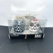 Boston Warehouse Skull Black & White Ceramic Salt & Pepper Shakers Set NIB