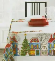 Christmas Village Fabric Cloth Tablecloth Jacquard Textured Printed 60x84 Oblong