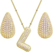 AGNURCADE 1Pcs Bubble Letter Necklace Balloon Initial Zircon Alphabet Letters Name Jewelry Necklaces and 1 Pair Drop Earring Studs for Women Girls Girlfriend Birthday Gift