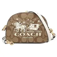 在飛比找momo購物網優惠-【COACH】大馬車LOGO印花皮革迷你斜背包(駝/白)