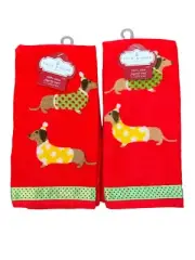 2 NEW Kmart Trim A Home Holiday Dachshund Fingertip Towels 11x17” Vintage Dogs