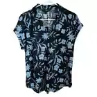 Fred David Blue and Black Short Sleeve Blouse with Polo Collar and Tie Front S