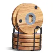 Wood Coasters for Drinks with Bottle Opener Holder Set of 6, Acacia Wooden Cup