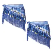 Belly Dance Hip Scarf with Tassels Sequin Coin for Party(Dark Blue, Pack of 2)