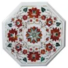Octagon Whute Marble Coffee Table Top Carnelian Stone Inlay Work Lawn Side Table