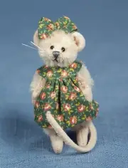 DEB CANHAM "OLIVIA MINI MICE" MOHAIR MOUSE WITH GREEN FLORAL DRESS- 2 3/4" TALL