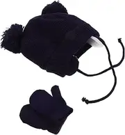 [ROMISBABA] Soft Boys and Girls Woolen Hat Gloves Set Toddler Fluffy Ball Ear Beanie Boy Girls Warm Mittens Newborn to Toddler Dark Blue
