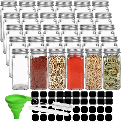 30 Pack 4 Oz Glass Spice Jars – Square Bottles with Silver Caps, Shaker Lids, La