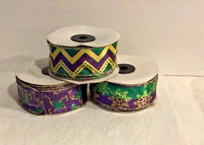 3 NEW Rolls Mardi Gras Ribbon 2.5” x 10 Yards Each