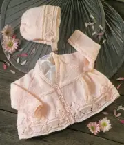 Baby Knitting Pattern Set Buttoned Bonnet Matinee Jacket 8ply Pink Pearl Eyelets