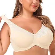 [FEOYA] Women's Plus Size Bra Lace Minimizer Bra Underwired Full Cup Everyday Bra Non Padded Lace Support T Shirt Crop Top Bra Comfortable Underwear for Large Bust