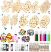 60Pieces Easter Kids Crafts Wooden Ornaments Unfinished Crafts Set Kit Hanging Embellishments Crafts Set for Kid Valentines Day Card