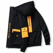 Nevenka Mens Patchwork Jackets for Spring Autumn Hooded Casual Coat-Black