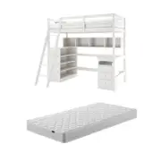 Momo Solid Pine Loft Bed with Thermis Mattress - White