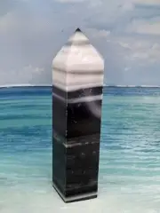 420G NATURAL Black White Agate Point Tower QUARTZ Pencil CRYSTAL With Scratched