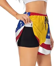 [WURTON] American Spain Flag Print Exercise Gym Workout Shorts Women's Athletic Shorts Dual-Layered Yoga Running Shorts