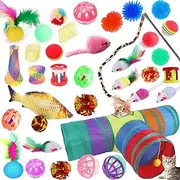 36PCS Cat Toys,Interactive Cat Toys Set for Indoor Cats,Catnip Toys Kit with Collapsible Rainbow Tunnel, Feather Spring, Teaser Stick & Bell – Durable Kitten & Puppy Toys for Play, Exercise & Training