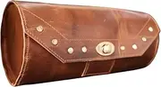 american blue Vintage Genuine Goat Leather Motorcycle Bag 2 Strap Buckle Closure Brown Tool Bag Quick Release Reinforced Handlebar Fork Leather Bike Bag (Pattern 21)