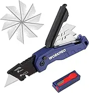 WORKPRO Folding Utility Knife, Quick Change Box Cutter, Razor Knife for Cartons, Cardboard, Boxes, Blade Storage in Aluminum Handle, 13 Extra Blades Included (Blue)