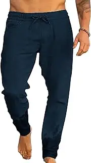 [Aosufei] Men's Drawstring Solid Casual Beach Pants Straight Leg Loose Fit Summer Trousers Elastic Waist Solid Hiking Pants, Dark Blue, Medium