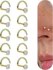 [UBGICIG] 10 Pcs Nose Studs 20g Surgical Steel Nose Screws – Corkscrew Nostril Piercing Studs with 2mm CZ Gold Plating for Women Style Three, Stainless Steel, no gemstone