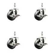 3 Inch 316SS Soft Rubber Wheel Swivel 3/8 Inch Threaded Stem Caster Set Brake