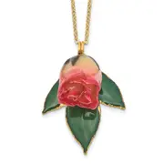 Fashion Lacquer Dipped White And Pink Real Rosebud On 24K Gold-Trim Lacquered Leaf 20 Inch Gold-Tone Necklace