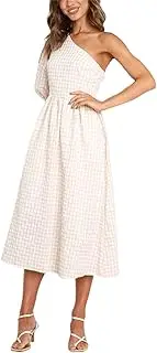 [SHINsuke] Women Summer One Shoulder Puff Sleeve Plaid Midi Dress, Beige Casual Elegant Long A-Line Swing Dress Spring Party Holiday