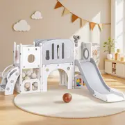 132cm Keezi Kids Slide Swing Set Ball Hoop Rings Football Outdoor Toys grey