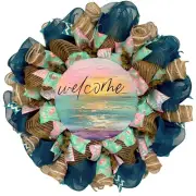 Pastel Ocean Waves Beach Welcome Wreath Handmade Deco Mesh