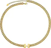 [TRIPOD JEWELRY] Womens 6mm Cuban Link Chain Choker with White Mother-of-pearl Shell/H Letter, 18K Real Gold Plated 316L Stainless Steel Diamond-Cut Curb Necklace.(Custom Box and Pouch Packing for Gift)