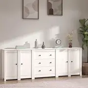 White Solid Pine Wood Sideboard: Kitchen Storage Buffet, Dining Room Furniture, Farmhouse Cabinets & Doors - 230x35x80cm