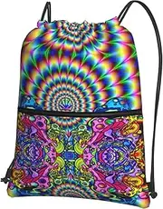 EdWal Abstract Mushroom Colorful Mandala Print Drawstring Backpack Gym Bags Sports Bags With Zipper Pocket For Travel Beach, Black, One Size