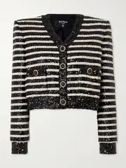 [Balmain] Balmain - Striped Sequin-embellished Cady Jacket - Black - FR 38 FR 38 Black