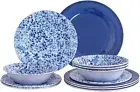 Melamine Dinnerware Set, 12 Piece Service for 4, Blue and White Porcelain Tab...