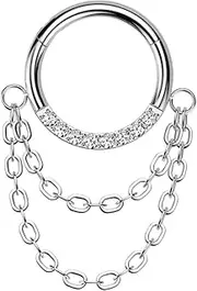 [Pierced Owl] 16GA ASTM F-136 Implant Grade Titanium CZ Crystal Lined with Double Dangling Chains Hinged Segment Clicker Ring