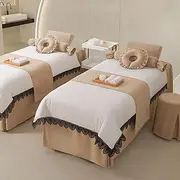 Brown,80x190cm/31.4x74.8in,Lace Massage Table Bed Cover,Reusable Beauty Massage Bed Sheets with Hole Elastic Pillowcase Massage Fitted Sheets Stools Cover 4 Piece Set