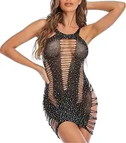 [Generic] Women's Sparkle Fishnet Dress Hollow Mesh Bodysuit Underwear Bodysuit Mini Dress Underwear