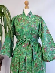 Green Floral Indian Making Women Cotton Robe Kimono Night Dressing Women's Robe