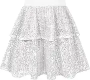 [Patgoal] Girls Sequin Skirt Sparkle Pleated Party Skirt Elastic Waist 2-Layer Ruffle Skirt Kids Teen Shiny Dance Outfits 6-14Y