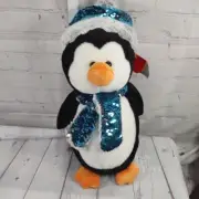 Gitzy 16” Stuffed Plush B&W Penguin With Flappable Sequins Blue Scarf & Hat 2019