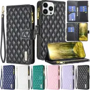 Zip Wallet Case Leather Flip Phone Cover For iPhone 16 15 14 13 Pro Max 12 11 8