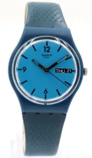 New Swiss Swatch Blue Bottle Blue Silicone Band Day Date Watch 34mm GN719 $75