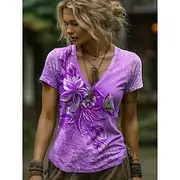 Women's T Shirt Floral Graphic Paisley Bohemia Vintage Stylish Short Sleeve V Neck Regular Tops Daily Going out Weekend Print White Light Green Red Blue Purple
